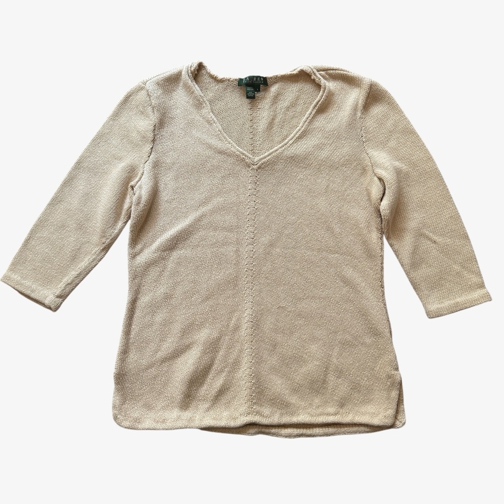 Lauren Ralph Lauren Women’s 100% Mercerized Cotton V-Neck Sweater, Tan, Large
